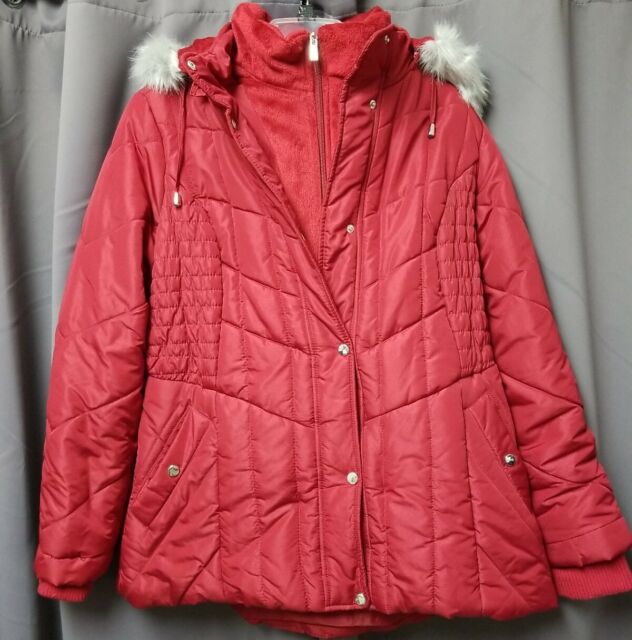 Susan Graver Quilted Jacket Removable Faux Fur Trimmed Hood Red XS ...
