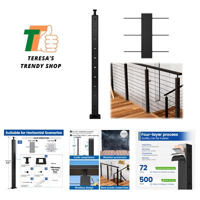 Black Cable Railing Post 36 Inch 36''x2''x2'' Level Drilled Surface Mount T304 S...