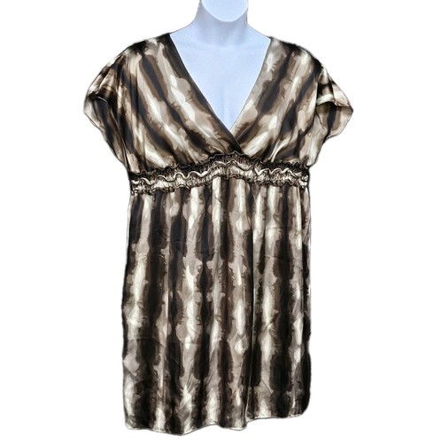 Babydoll Tunic Dress Sz 1X Brown Striped 100% Silk Geometric Mini Vintage Vibes