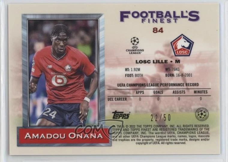 2021 Topps Finest Flashbacks UCL Gold Refractor /50 Amadou Onana #84 Rookie RC - Image 2 of 2
