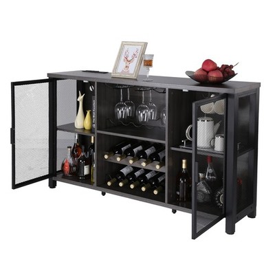 Uimoso Industrial Bar Cabinet Wine Bar Home Table with Wine Rack & Glass Holder
