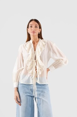 HAVEONE Damen Hemd weiß mit Rüschen und Schnürung elegante verschleierte Bluse