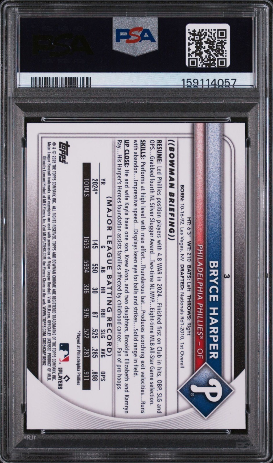 Bryce Harper 2025 Bowman Mega Box #3 Fuchsia Refractor /299 PSA 10 view 2