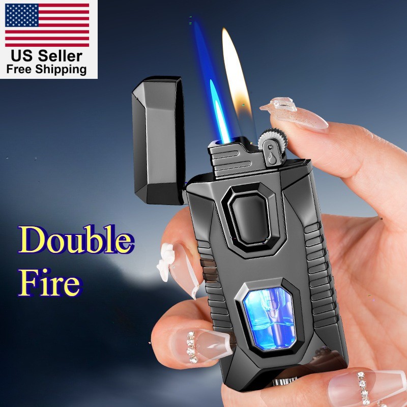 1pc Dual Flame Lighter Refillable Butane Lighter Adjustable Soft Flame Jet Flame