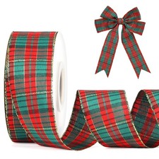 Red Green Gold Tartan Plaid Checkered Gingham Ribbon 1.5 Inch x 25 Yards Decor