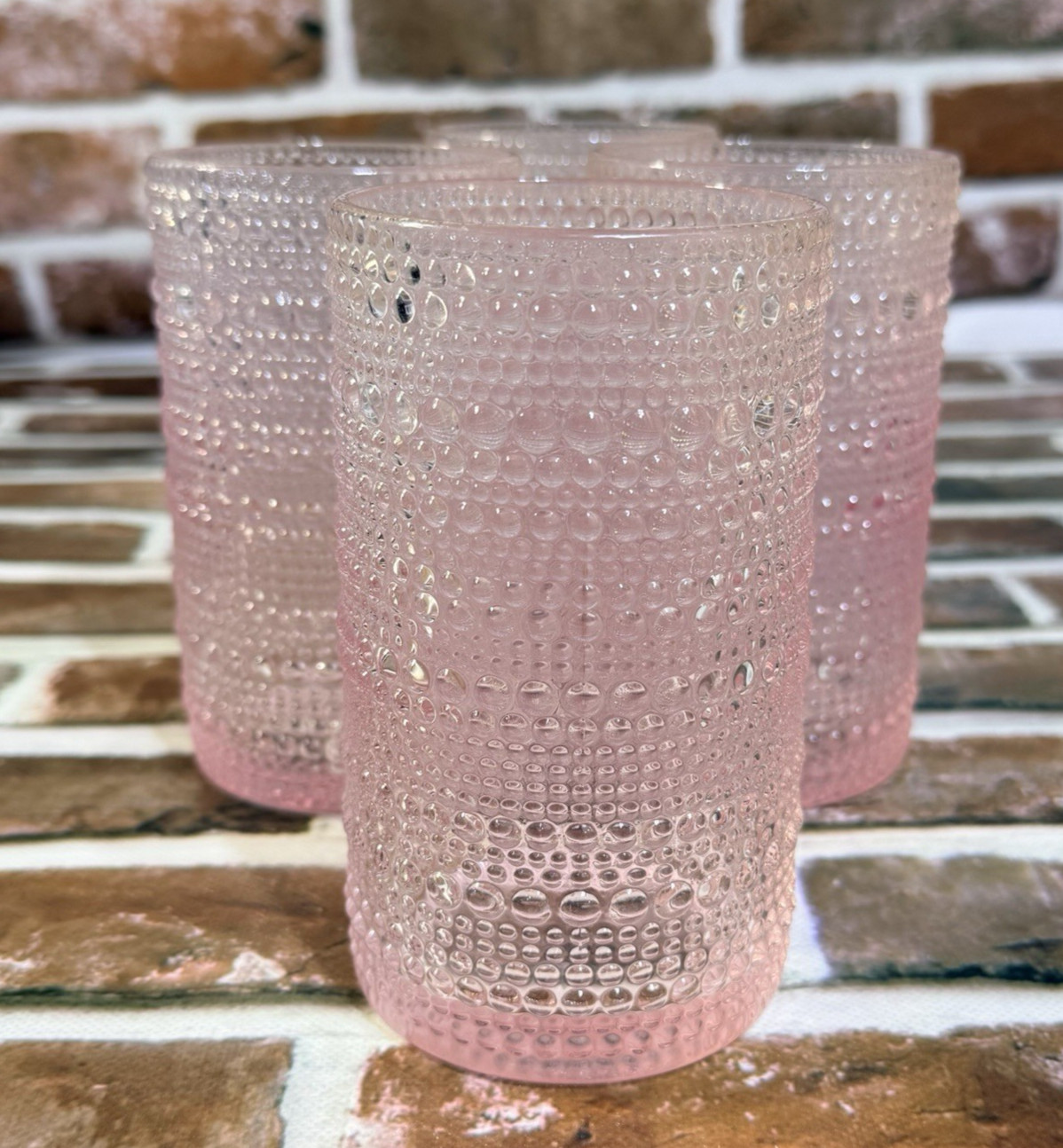 Fortessa Jupiter Beaded Hobnail Glass 13 Ounce Iced Beverage Pink Set of 4