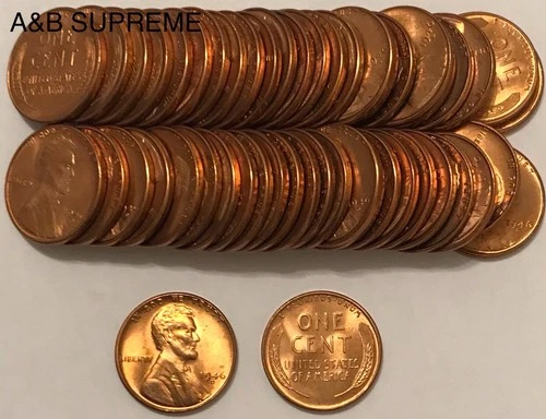 Roll  (50) 1946 D Lincoln Wheat Cent Penny  “Stunning Red Gems” Bu Uncirculated
