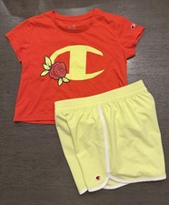 Champion Girls 2pc Shorts Set Graphic Logo Tee Mesh Shorts Red/Yellow M 10/12