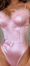 Windsor Pink Satin Feather Trim Teddy Bodysuit Lace Up Back Coquette M