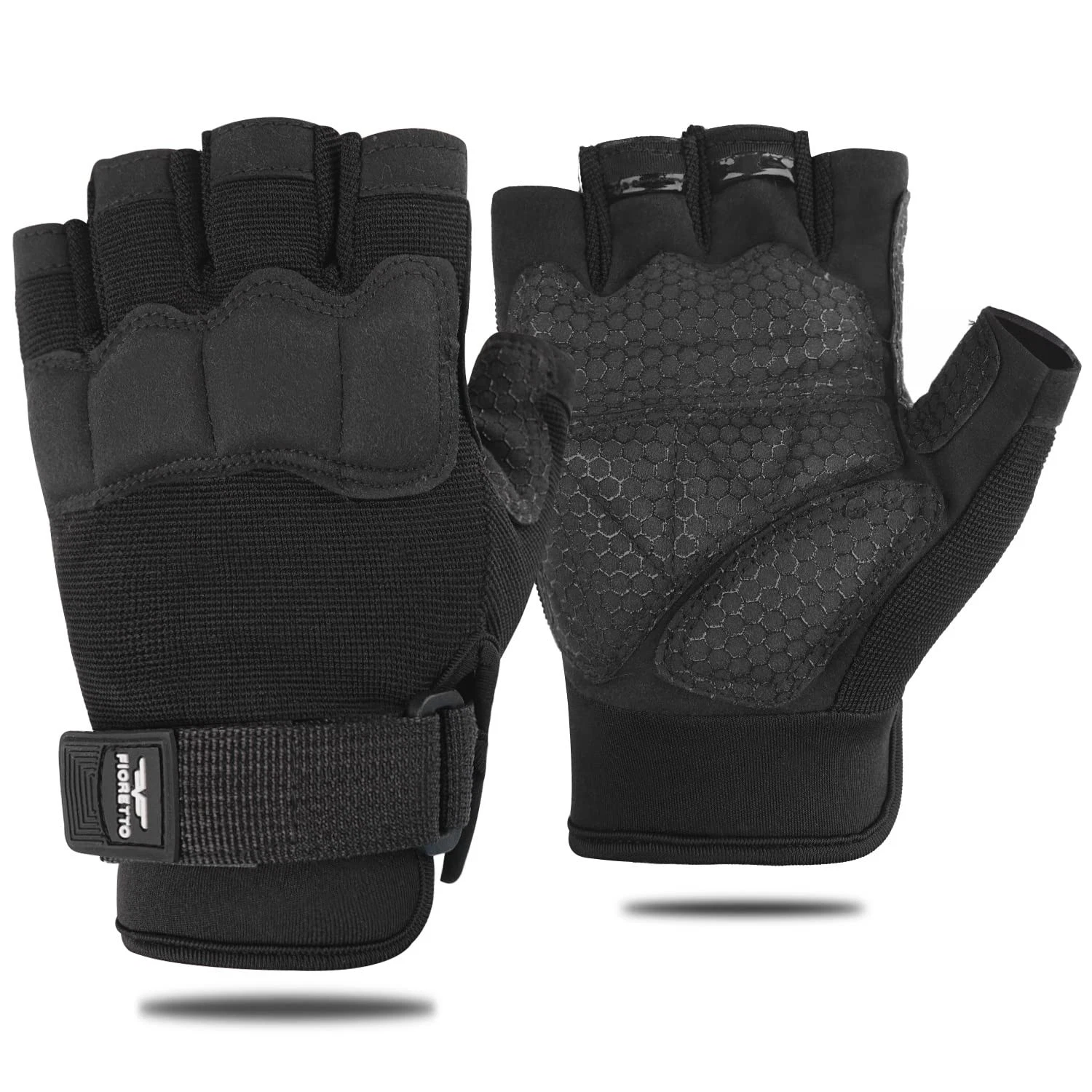 FIORETTO Mens Womens Fingerless Padded Motorbike Gloves Half Finger M, Black