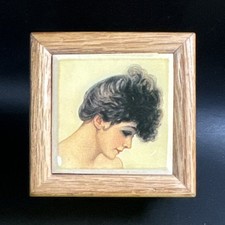 Vtg Kimberly Graphic Art Tile Trinket Box wood Jewelry Box Women Lady Face Read