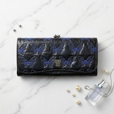 Anna Sui Black Purple Leather Wallet Long Card & Coin Pocket Japan