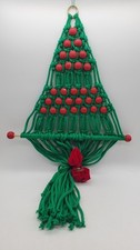 Vintage Macrame Green Christmas Tree W/ red Wooden Beads
