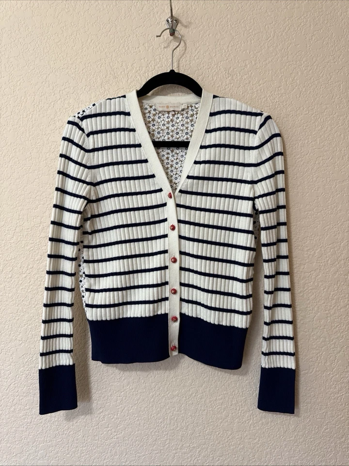 Tory Burch Cardigan Women’s Sz S Cream Blue Stripe Logo Buttons Crochet Floral - image 3 of 4