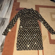 Fashion Nova Black Gold Sequin Bodycon Dress Mock Neck Long Sleeve Short