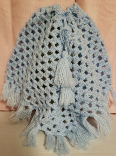Handmade Crochet Baby shall in light blue shimmer with tassels 15" x 12" wedding - Picture 1 of 8