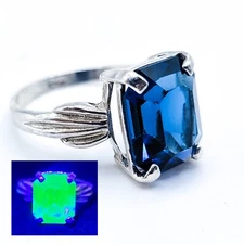 Sterling Blue Uranium Glass Ring Rare Sapphire Color Emerald Cut 925 Silver