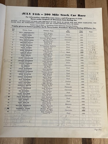 1960 USAC Stock Car Race Program Milwaukee Wisconsin, Tony Bettenhausen Wins! - Picture 4 of 7