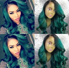 Women Long Body Wave Wigs Ombre Green Dark Roots Synthetic Hair Wig Glueless USA