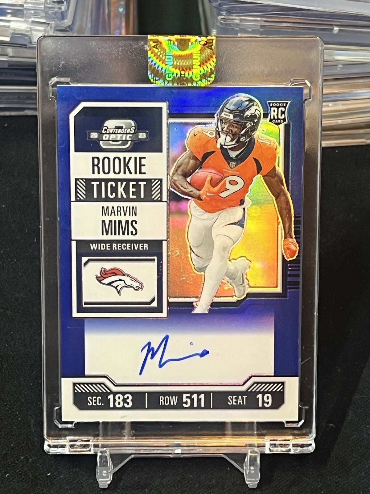 MARVIN MIMS 2023 OPTIC CONTENDERS BLUE ROOKIE TICKET ONCARD AUTO #18/75  BRONCOS