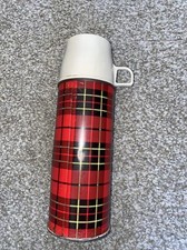 Vintage Red Plaid Thermos Pint Size Internal Glass is Broken For Nostalgia Prop