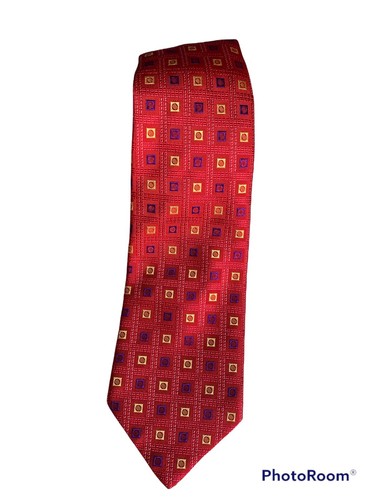 Holland & Sherry Geometric Design Woven Silk Tie Made In USA Red Gold & Blue - Picture 4 of 9