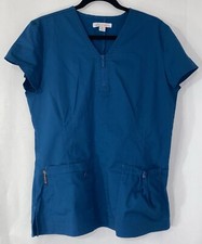 KOI Stretch Mackenzie Women's Large 2-Pocket Aqua Zipper Scrub Top Nice