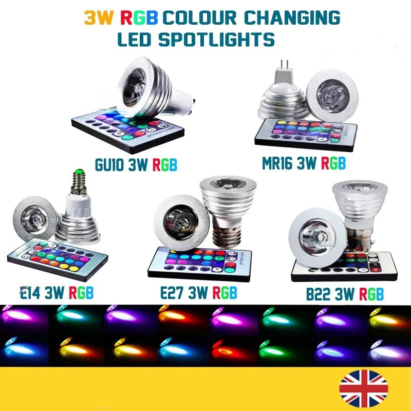 3W LED RGB Cambia de Color Luz Foco Bombilla GU10 E27 E14 B22 MR16 GU5.3