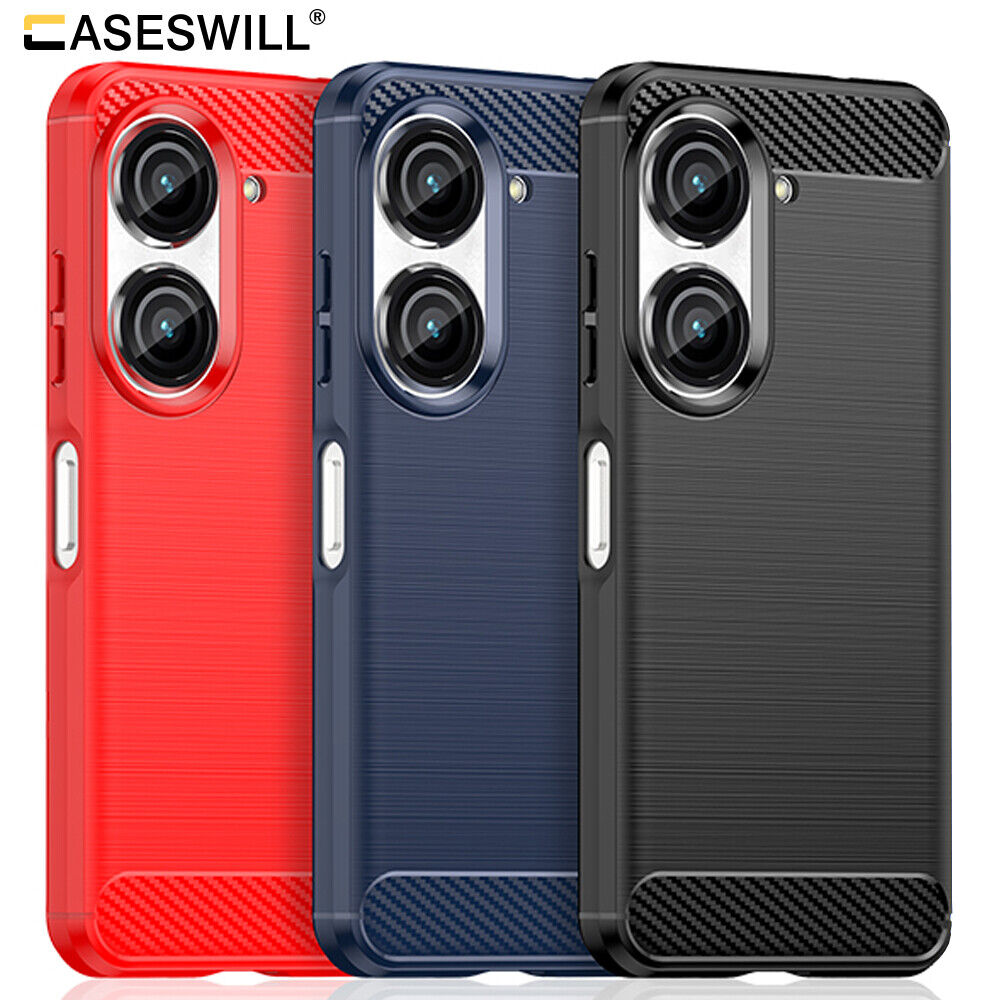 For Asus Zenfone 9 Case Slim Carbon Fiber Soft TPU Back Cover + Screen  Protector