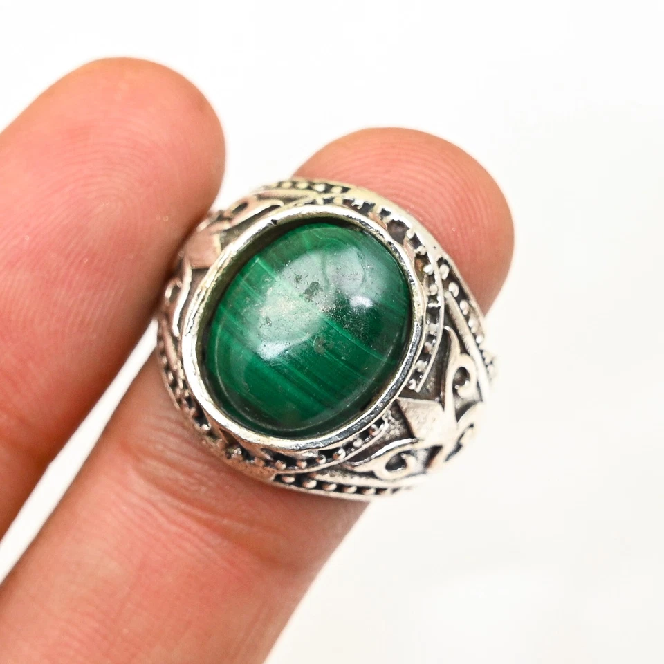Hermoso anillo llamativo de plata de ley 925 de malaquita para hombre, todas las tallas M501 Foto 2 de 4