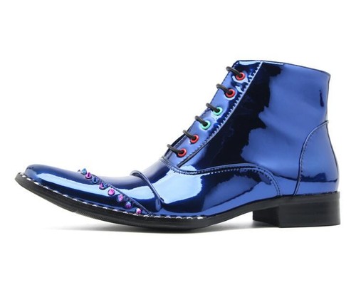 Men's Fashion Square Toe Rivet Lace Up Ankle Boots Party Patent leather Shoes - Picture 2 of 8