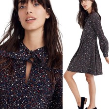 Madewell Silk Mini Dress Star Pattern Tie Neck Balloon Sleeve Black Red Blue 8