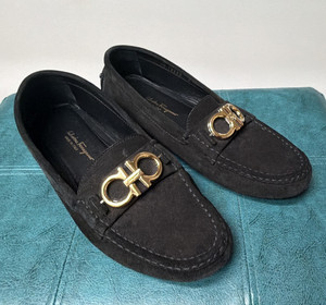 Salvatore Ferragamo Black Suede Loafer Flats Gold Logo Slip-On Women's 8