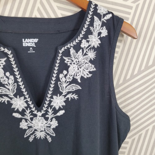Lands End Stretch Dress casual jersey Knee Length Medium Black Boho Embroidered - 第 3/8 張圖片