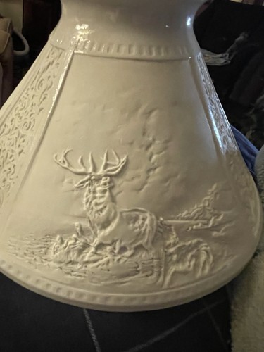 Antique Lithophane Lamp Shade Wild Horses-Stag-Wolves In Attack - Bild 7 von 10