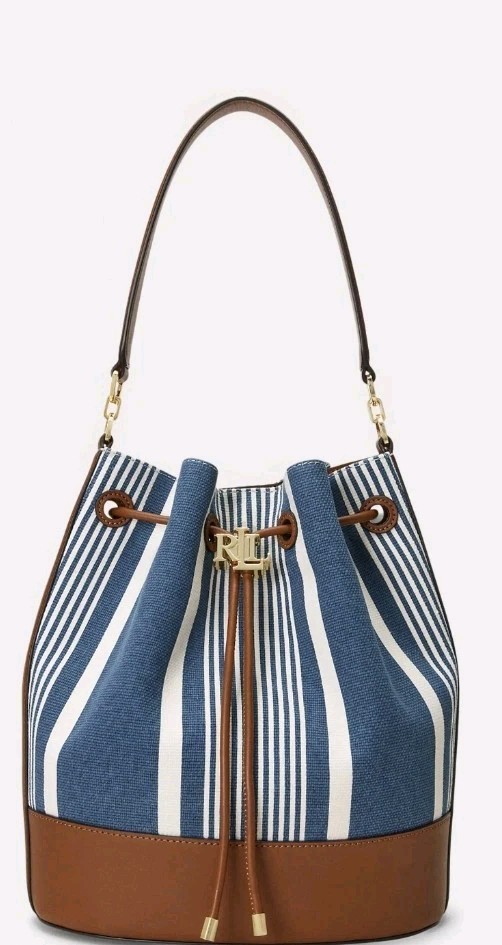 Ralph Lauren Andie Blue & Cream Striped Xbody Canvas Leather Bucket Bag RRP£369 image 10