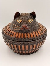Cat Nesting Wicker Rattan Basket Lidded Trinket Storage Box 6x6 Handwoven