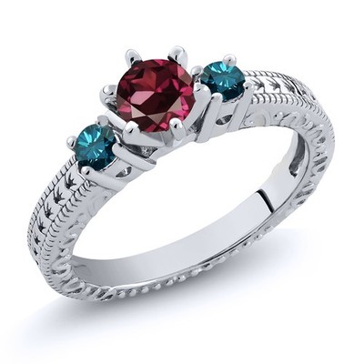 0.80 Ct Round Red Rhodolite Garnet Blue Diamond 925 Sterling Silver Ring