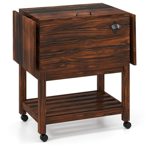 Rolling Wooden Patio Cooler Cart, 54 Quart Outdoor Ice Chest Cooler Cart with... - Picture 9 of 9