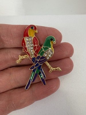 Green Red Blue Parrot Bird Pin Brooch Enamel and Rhinestone Jewelry