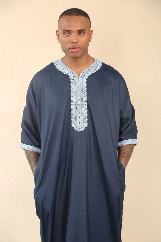 Túnica Islámica Marroquí Azul Para Hombre Jubba Robe Eid Djellaba Gandoura - Imagen 4 de 4