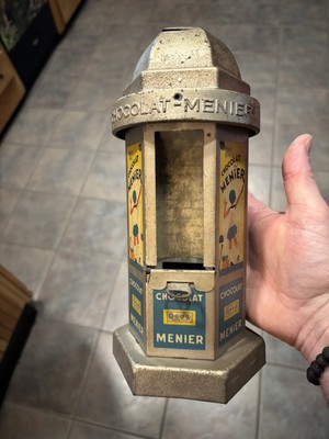 ANTIQUE CHOCOLATE CANDY DISPENSER VENDING BANK CHOCOLAT MENIER TIN LITHO