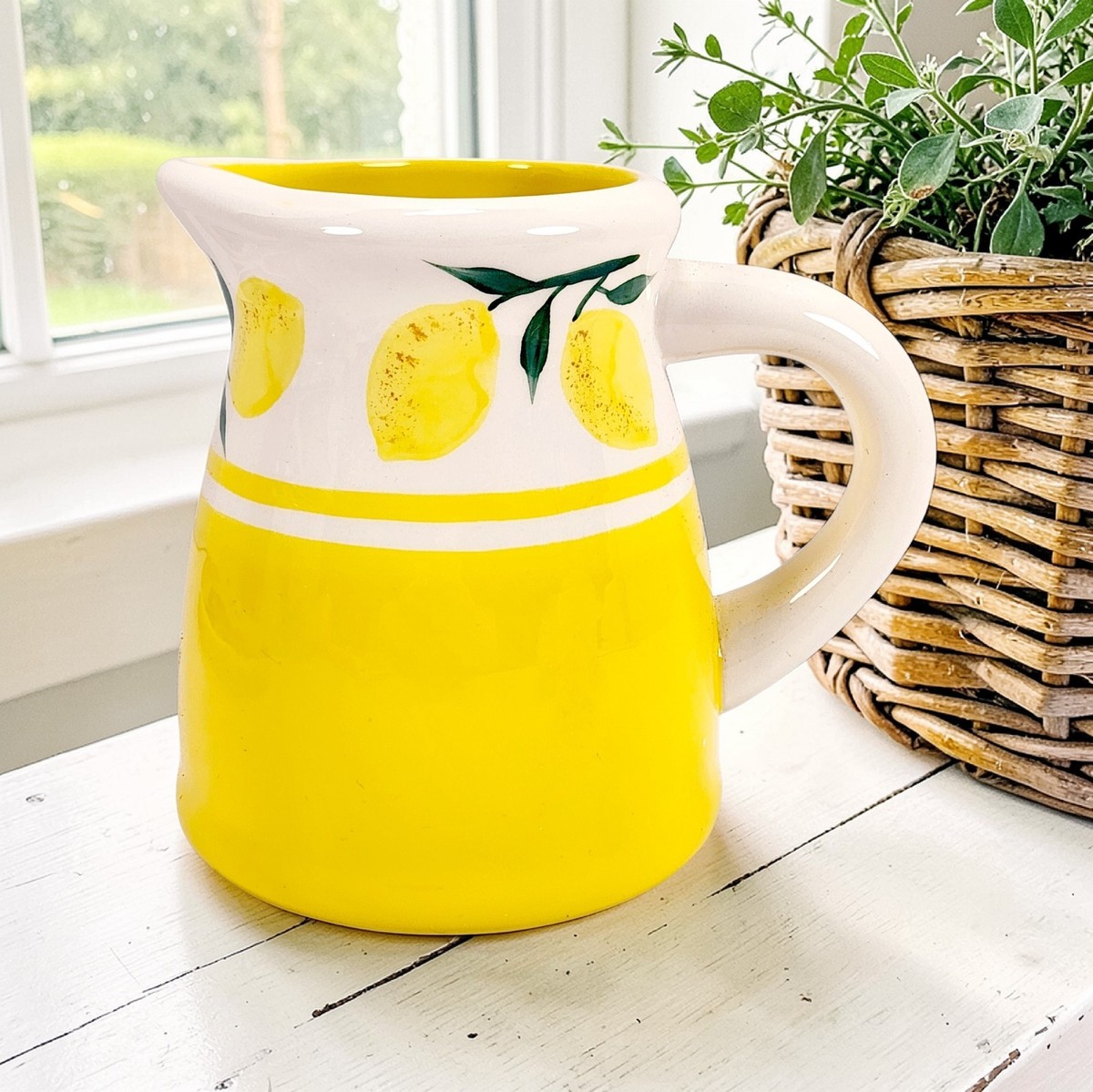 Summer Lemon Ceramic Lemonade Handled Pitcher Yellow White 5