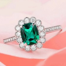 4.80 Cushion Cut Natural Emerald  & Diamond Wedding Ring 14K White Gold