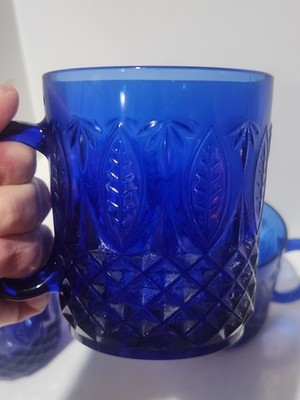 (4) French  Sapphire Blue Cobalt Coffee Mugs Durand France