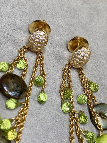 Estate 18K Diamond Briolette Peridot Green Button Pearl Dangle Drop Earrings - Picture 4 of 9