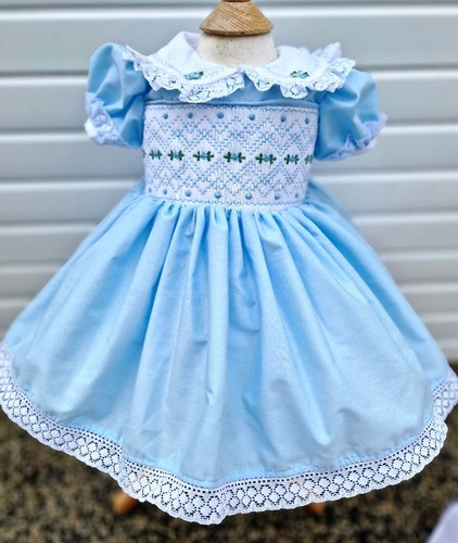 Dream baby girls 0-7 years sky blue smocked embroidered traditional lined dress - Picture 7 of 7