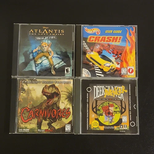VTG PC CD-Rom 4 Games Carnivores / Atlantis / Deer Hunter / Hot Wheels Crash