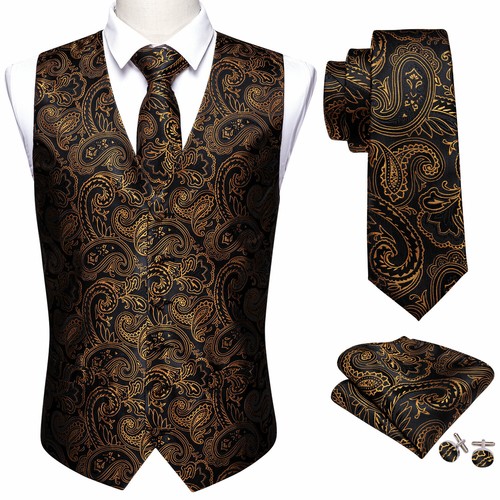 Rojo Paisley Hombres Chalecos Negro Traje Chaleco Conjunto Corbata Vestido de Boda Esmoquin V - Imagen 38 de 88