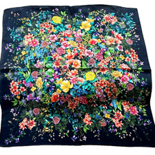 26"X26"Black Blossoming Print Pure Mulberry Satin Silk 12momme Scarf 65x65cm4-73